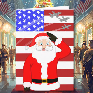 Tarjeta Papá Noel militar navideño saludando