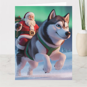 Tarjeta Papá Noel montando un husky gigante a través de la