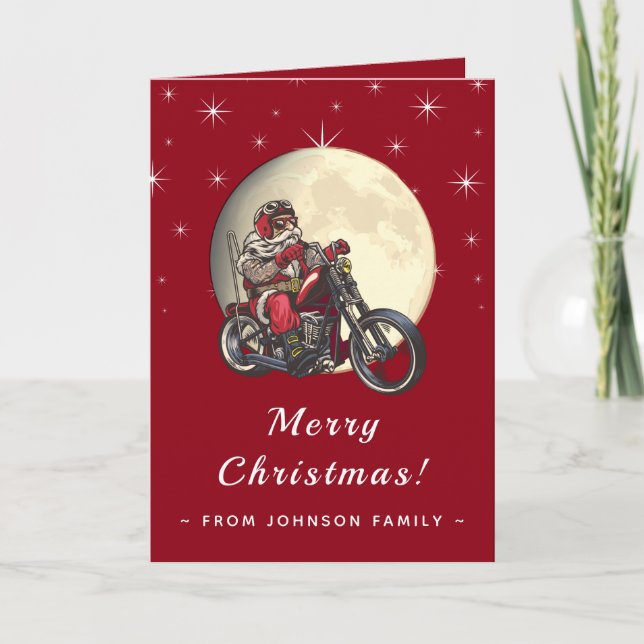 Tarjeta Papá Noel Motero Genial Motocicleta Roja Brillo &  (Anverso)