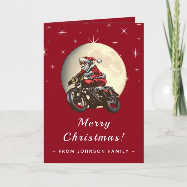 Tarjeta Papá Noel Motero Montando una Motocicleta Cielo Lu (Anverso)