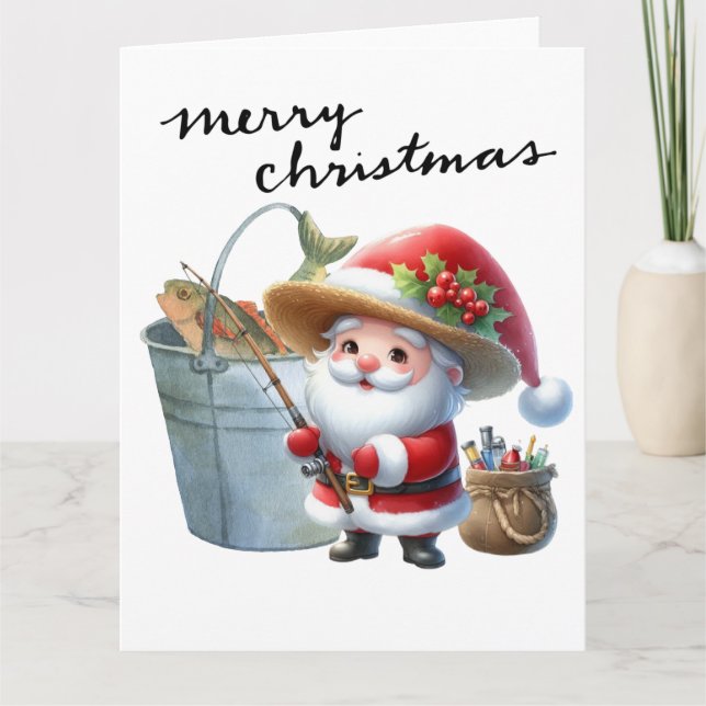 Tarjeta Papá Noel pescando en el Día del Navidad (Anverso)