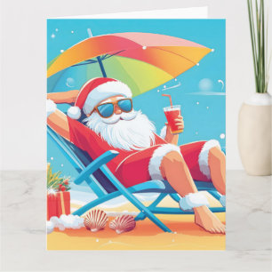 Tarjeta Papá Noel relajándose en una tumbona de playa trop