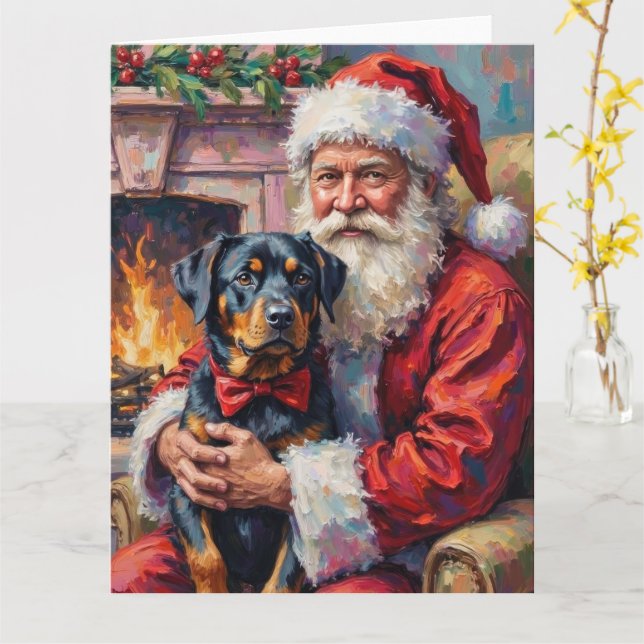 Tarjeta Papá Noel sosteniendo arte de Navidad de Rottweile (flor amarilla)