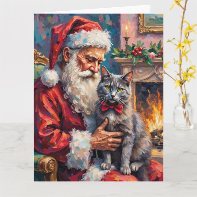 Tarjeta Papá Noel sosteniendo arte navideño de gato azul r (flor amarilla)