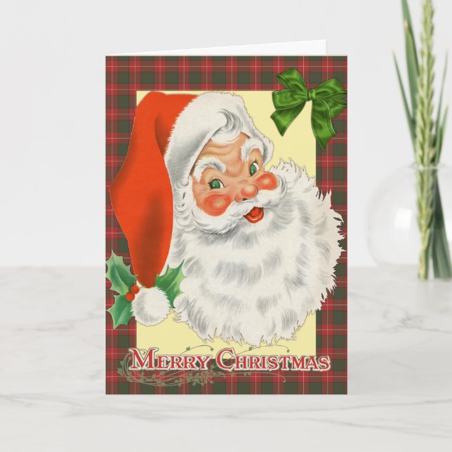 Tarjeta Papá Noel tradicional de tartán navideño (Anverso)