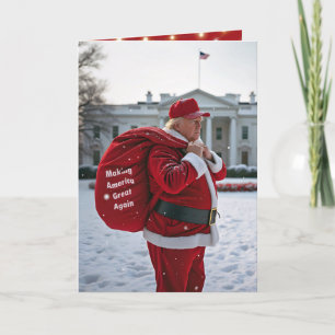 Tarjeta Papá Noel Trump con saco de regalo rojo
