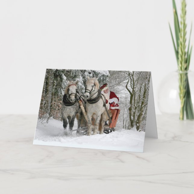 Tarjeta Papá Noel viaja en un trineo tirado por caballos (Anverso)