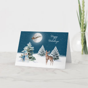 Tarjeta Papá Noel y ciervos del trineo a la luz de la luna