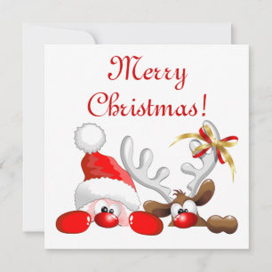 Tarjeta Papá Noel y renos divertidos dibujos animados