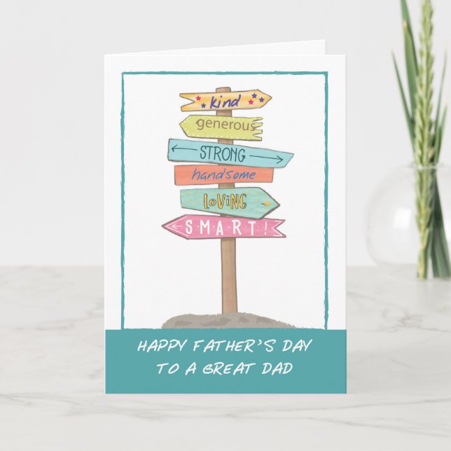 Tarjeta Papá Padres Día Divertido Rótulo buenas cualidades (Anverso)