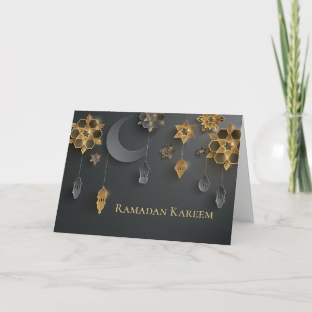 Tarjeta Papel cortado Linternas de Ramadán, Luna, Flores,  (Anverso)