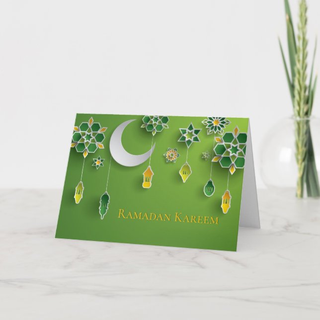 Tarjeta Papel cortado linternas de Ramadán, luna, flores,  (Anverso)