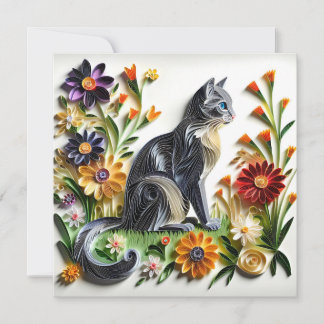 Tarjeta Papel falso gato que quema el gato y las flores
