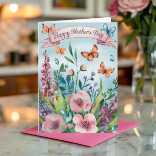 Tarjeta Papel Pintado Mariposa Floral Rosa Día de la Madre