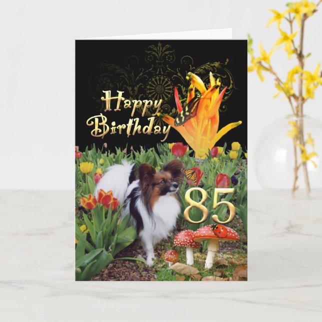 Tarjeta Papillion dog Happy 85 Birthday card Específico de (flor amarilla)