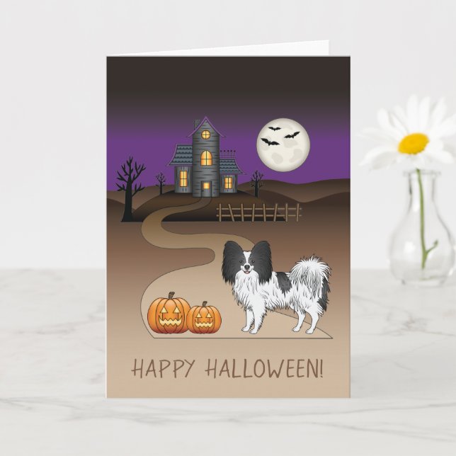 Tarjeta Papillon blanco y negro y casa embrujada de Hallow (Planta pequeña)
