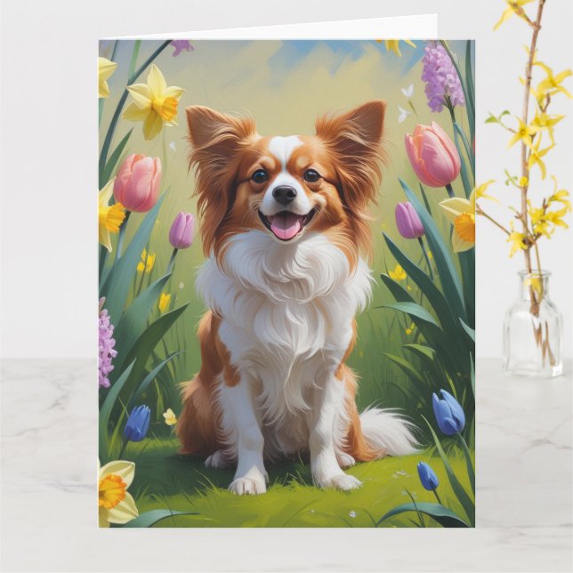 Tarjeta Papillon Dog Spring Flowers Pintura (flor amarilla)