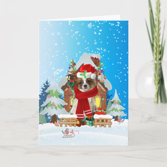 Tarjeta  Papillon in snow with Christmas gifts  (Anverso)