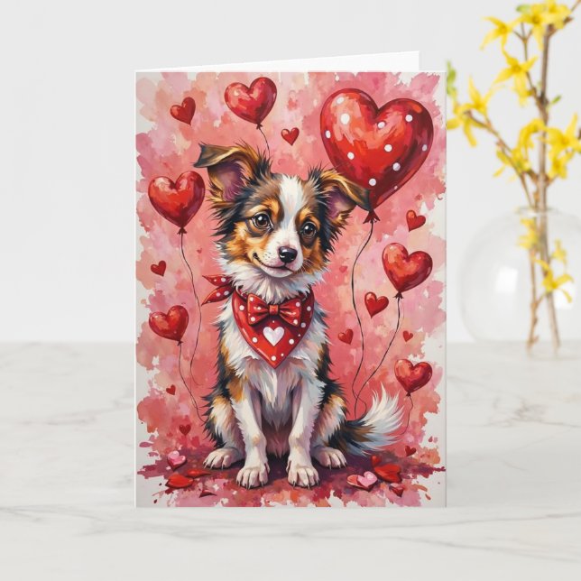 Tarjeta Papillon Valentine’s Day Dog with Hearts Red (flor amarilla)