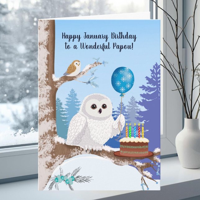 Tarjeta Papou Happy January Birthday Snowy Owl (Subido por el creador)
