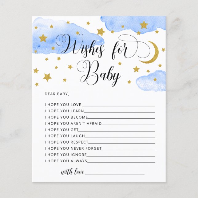 Tarjeta para bebés con ganas de luna y estrellas (Anverso)