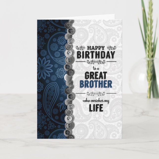 Tarjeta para Brother Birthday Blue Paisley con botones (Anverso)