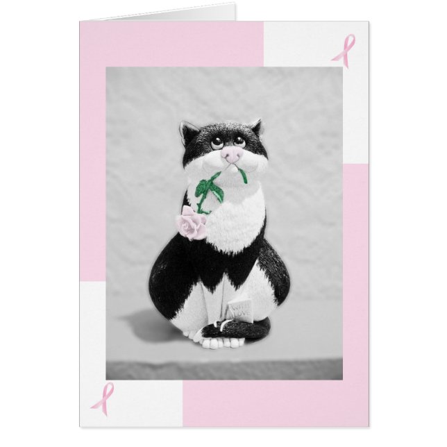 Tarjeta para el cáncer de mama: gato con rosa rosa (Frente)