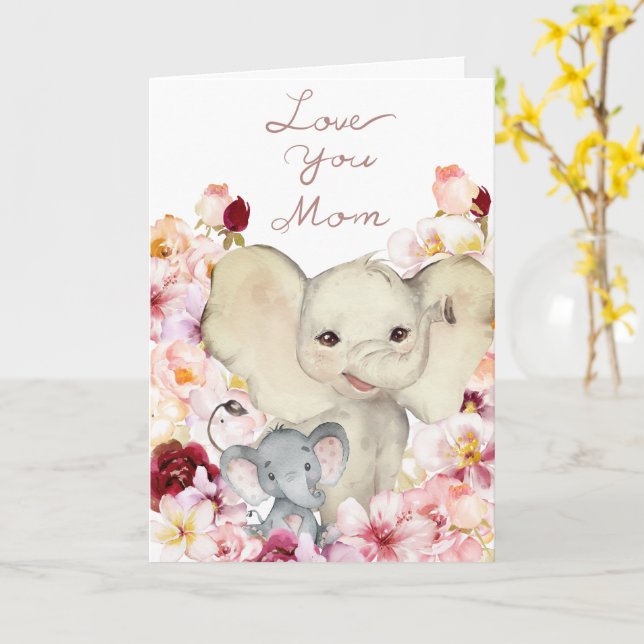 Tarjeta para el día de la madre y el bebé elefante (flor amarilla)