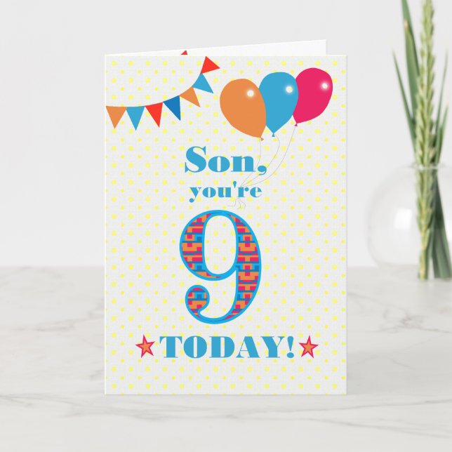 Tarjeta Para el hijo 9º cumpleaños Bunting y Balloons Card (Anverso)