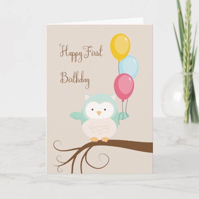 Tarjeta para el primer cumpleaños con búho y globo (Anverso)