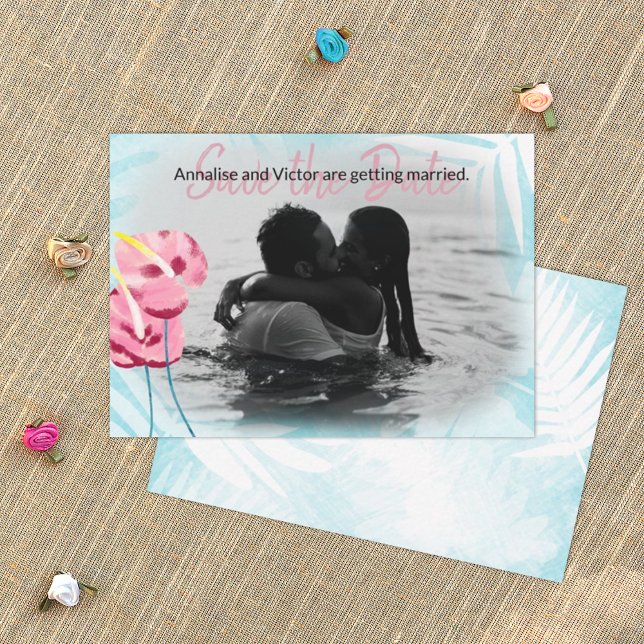 Tarjeta para guardar las flores de guijarros rosad (turquoise and pink tropical wedding save the date card, pink gumdrop flowers, hawaiian theme)
