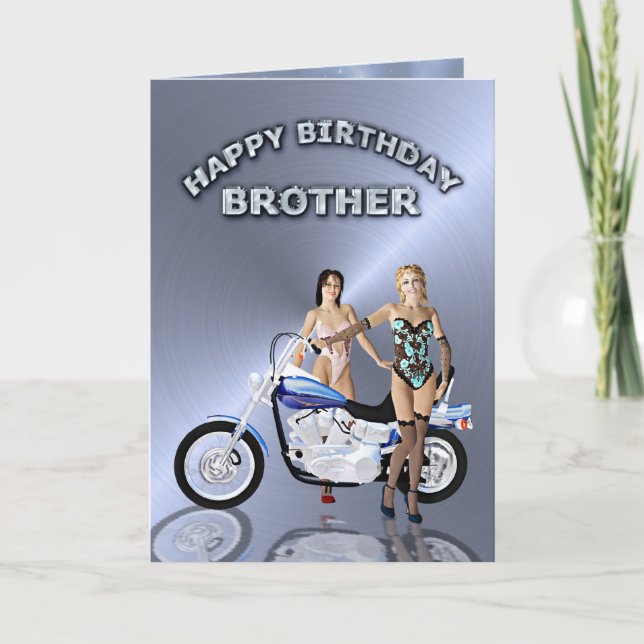 Tarjeta Para hermano, cumpleaños con chicas y motocicleta (Anverso)