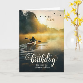 Tarjeta Para hijo en su cumpleaños remando kayak en el lag
