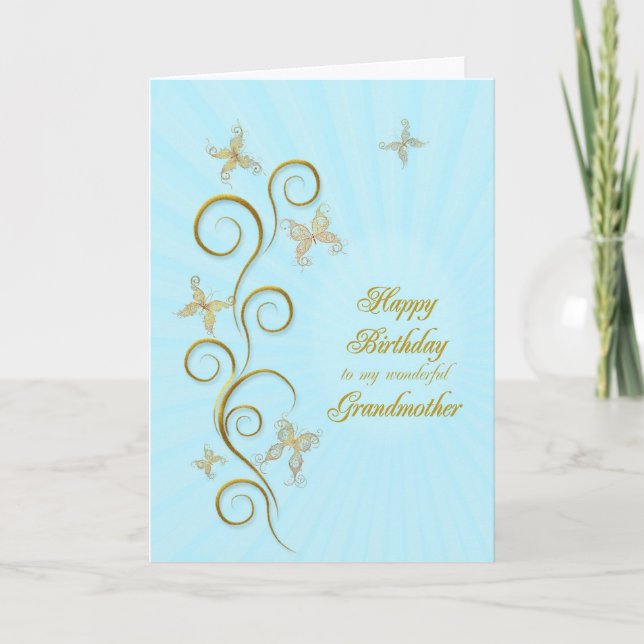 Tarjeta Para la abuela, cumpleaños con mariposas doradas (Anverso)