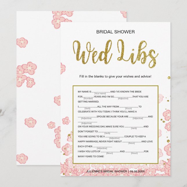 Tarjeta para la ducha nupcial Wed Libs| Oro y rosa (Anverso / Reverso)
