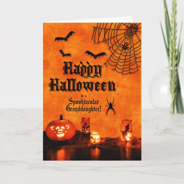 Tarjeta para la nieta Naranja Spiders Bats Halloween (Anverso)