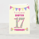 Tarjeta Para la Sister 17th Birthday Primrose and Bunting<br><div class="desc">Una tarjeta de cumpleaños número 17 de bonito para tu hermana, con un racimo de puntos polka, flores de primrose y números rellenos con un patrón de primrose, todo sobre un fondo de gingham amarillo pálido. El mensaje de la portada es: "¡A una HERMANA muy especial hoy!" El mensaje interno...</div>