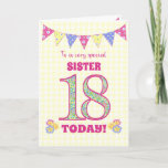 Tarjeta Para la Sister 18th Birthday Primrose and Bunting<br><div class="desc">Una tarjeta de cumpleaños número 18 de bonito para tu hermana, con un racimo de puntos polka, flores de primrose y números rellenos con un patrón de primrose, todo sobre un fondo de gingham amarillo pálido. El mensaje de la portada es: "¡A una HERMANA muy especial hoy!" El mensaje interno...</div>