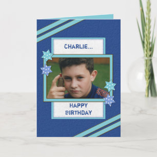 Tarjeta Para los hombres con nombre y foto cumpleaños azul