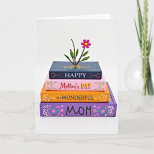 Tarjeta para mamá de libros apilados coloridos