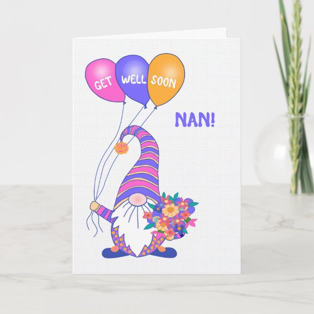 Tarjeta Para Nan Get Well Gnome Balloons Flowers Card (Anverso)