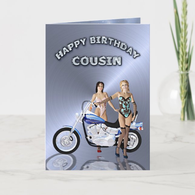 Tarjeta Para primo, cumpleaños con chicas y motocicleta (Anverso)
