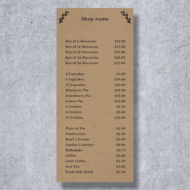 Tarjeta para rack Black, Kraft & Rustic Menu & Pri (Black, Kraft & Rustic Menu & Price List Rack Card)