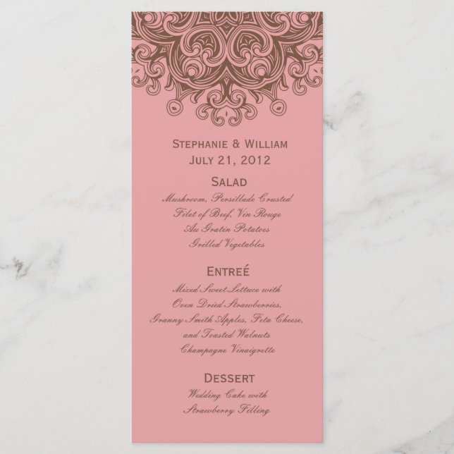 Tarjeta para rack de menú Boda rosa y marrón (Anverso)