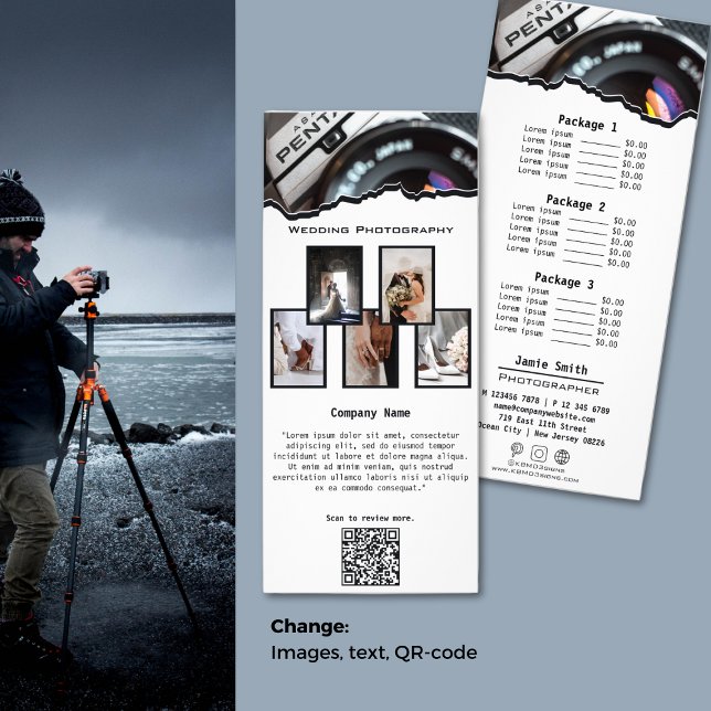 Tarjeta para rack moderna de fotografías Bodas en  (Modern White & Black Wedding Photography Rack Card)