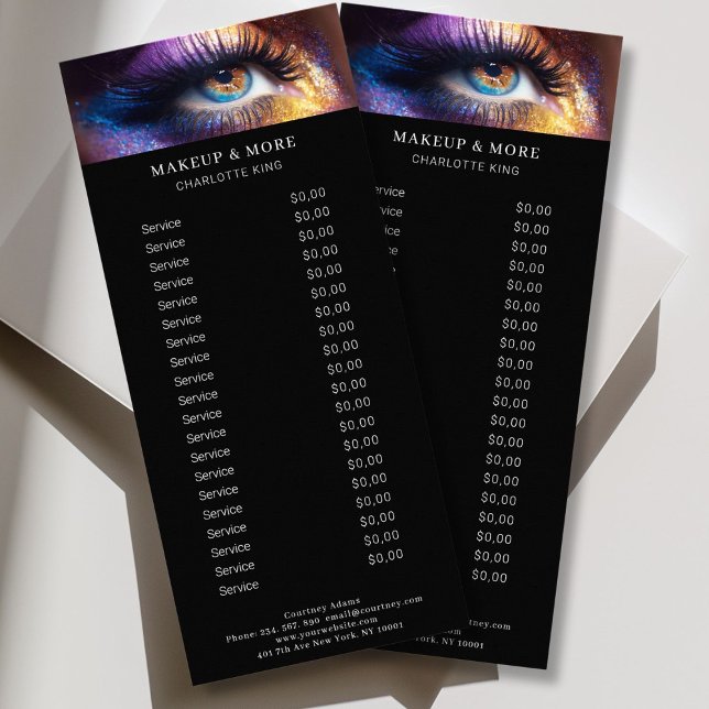 Tarjeta para rack moderna, Makeup Photo Salon Pric (Personalized Modern, Makeup Photo Salon Price List Rack Card)