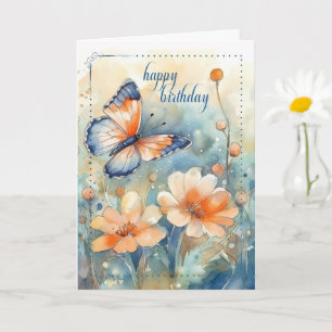 Tarjeta para su cumpleaños de mariposa y flores melocotón