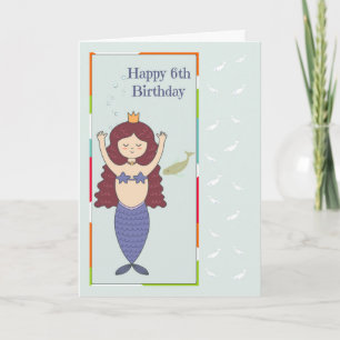 Tarjeta para un 6º cumpleaños con sirena y pez