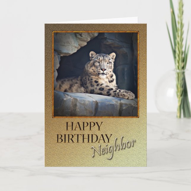 Tarjeta Para un vecino, cumpleaños con un leopardo de niev (Anverso)
