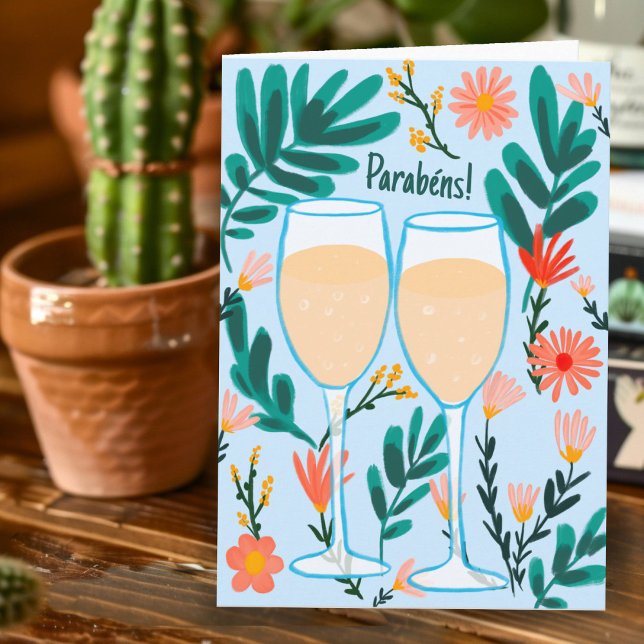 Tarjeta Parabenes Champán Espumoso Bodas Compromiso (Parabens Sparkling Champagne Casamentos Noivado Card Cartão Parabéns de Noivado Champanhe Flores)